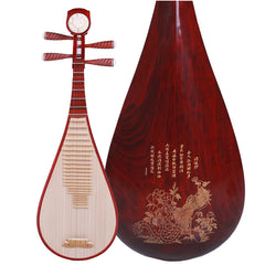 Children's pipa, bone flower pipa instrument, graded redwood carved peony flower head pipa