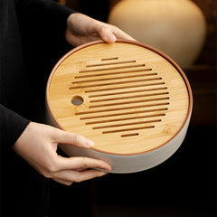Ru kiln beige household ceramic tea tray, Kung Fu tea set, round bamboo tray, water storage dry tea tray