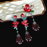 【Purely handmade】Chinese style design high-end red velvet flower hairpin set, tassel ancient costume makeup, Hanfu hair accessories