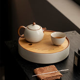 Ru kiln beige household ceramic tea tray, Kung Fu tea set, round bamboo tray, water storage dry tea tray