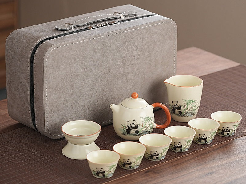 Ru Kiln [Panda Xishi Pot + 6 Cups + Tea Strainer Set + Serving Cup] Gray Leather Bag,Cute panda Huang Ru tea set, tea brewing, Kung Fu ceramic teapot, holiday gift, home, travel, outdoor set