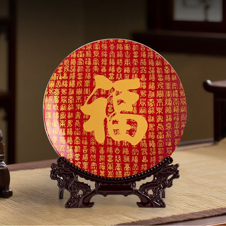 Jingdezhen ceramics Chinese red blessing character decorative hanging plate ornaments red ground blessing character appreciation plate + bracket