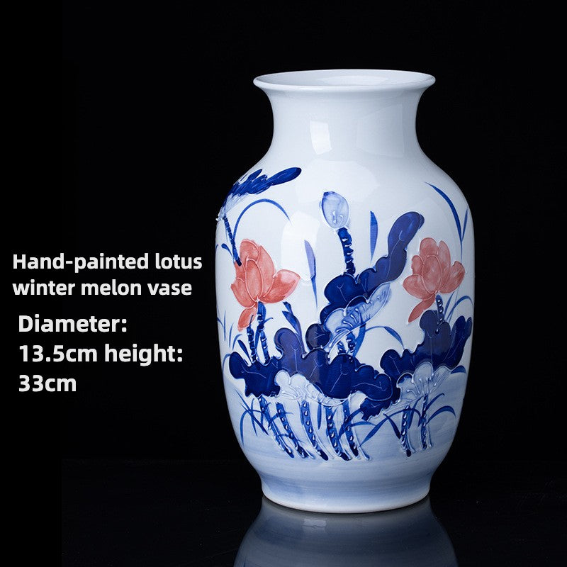 Jingdezhen ceramic crafts, hand-painted lotus vases, winter melon vase ornaments, home decoration, ornament collection