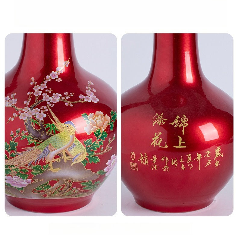 Jingdezhen ceramic vase ornaments, Chinese living room decorations, fine porcelain, large vase red "icing on the cake"