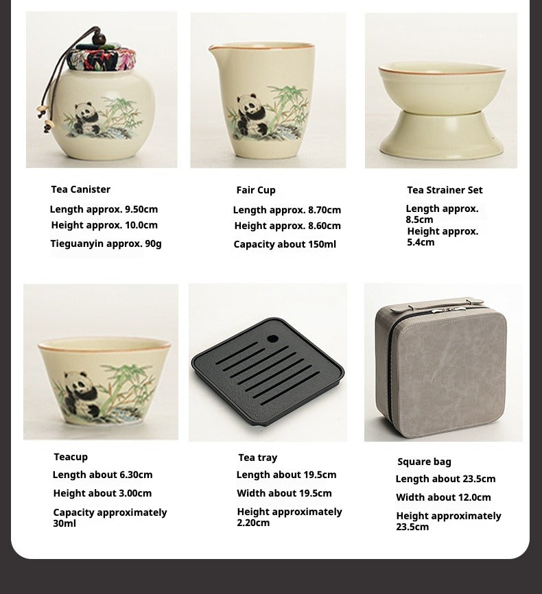 Ru Kiln [Panda Xishi Pot + 6 Cups + Tea Strainer Set + Serving Cup + Rectangular Travel Plate] Blue Leather Bag,Cute panda Huang Ru tea set, tea brewing, Kung Fu ceramic teapot, holiday gift, home, travel, outdoor set