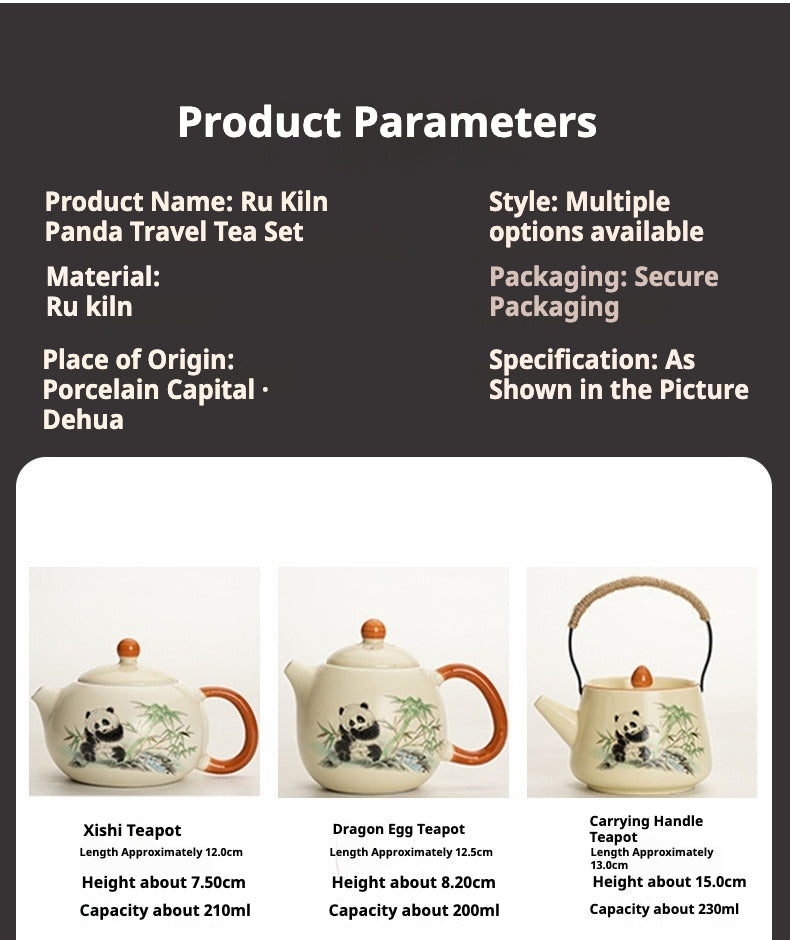 Panda Handle Pot + 4 Cups + Square Stone-Proofing Tray Square Gray BagCute panda Huang Ru tea set, tea brewing, Kung Fu ceramic teapot, holiday gift, home, travel, outdoor set