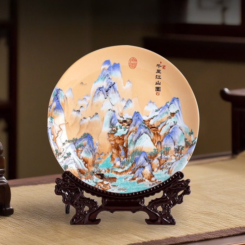 Jingdezhen ceramic live ceramic 10-inch appreciation plate "A Thousand Miles of Rivers and Mountains" porcelain plate new Chinese style plate ornaments