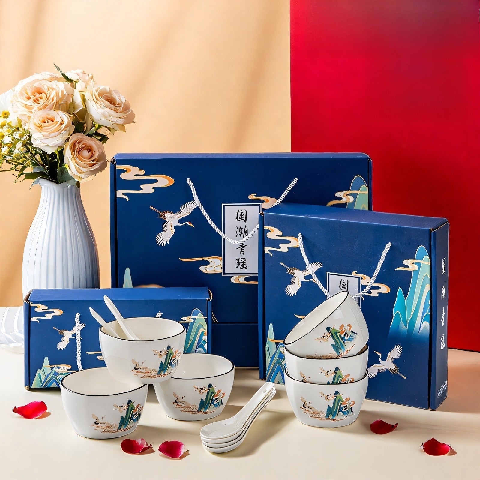Chinese style bowl and tableware gift box, practical ceramics, bowl and plate set
