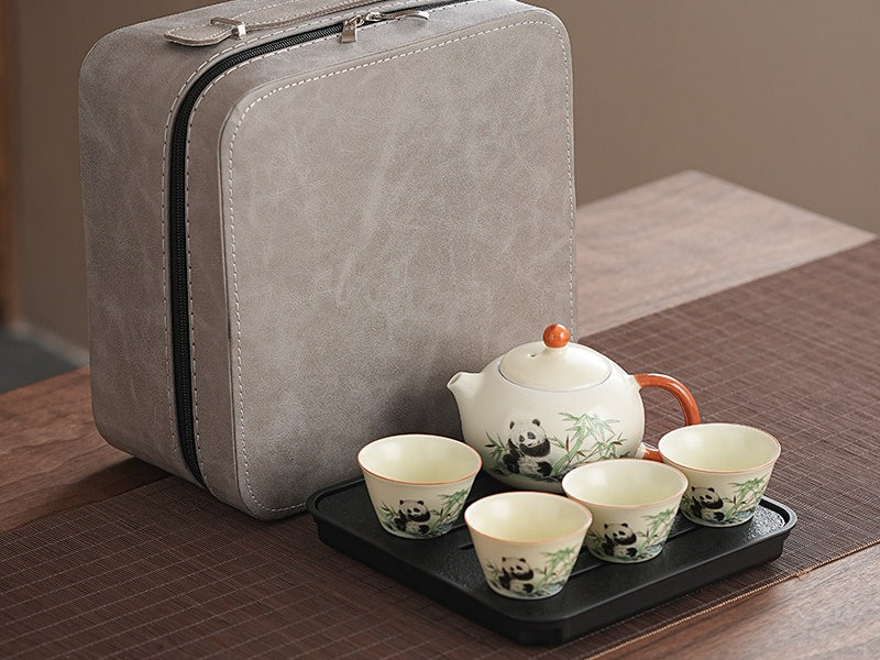 Panda Handle Pot + 4 Cups + Square Stone-Proofing Tray Square Gray BagCute panda Huang Ru tea set, tea brewing, Kung Fu ceramic teapot, holiday gift, home, travel, outdoor set