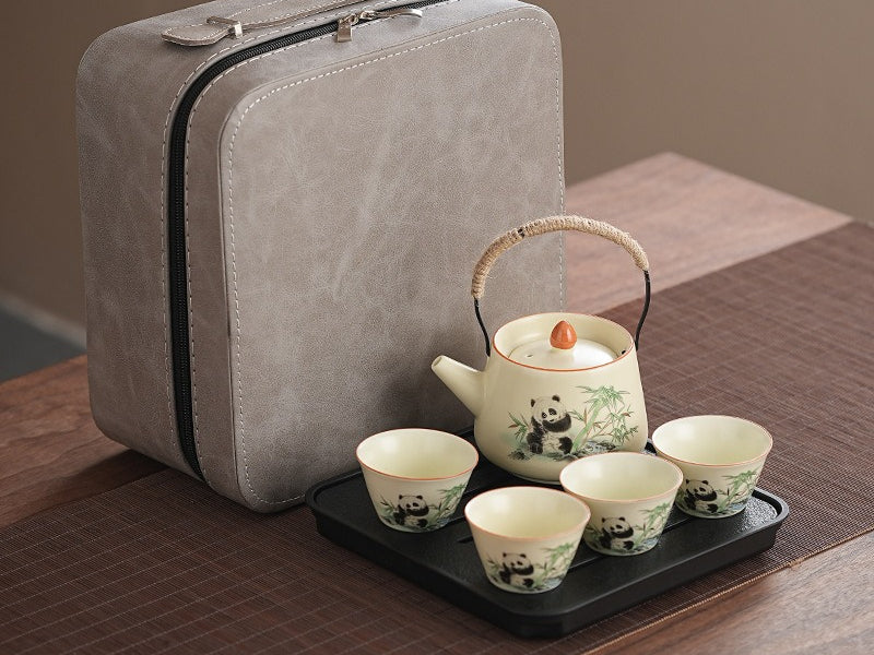 Panda Handle Pot + 4 Cups + Square Stone-Proofing Tray Square Gray BagCute panda Huang Ru tea set, tea brewing, Kung Fu ceramic teapot, holiday gift, home, travel, outdoor set