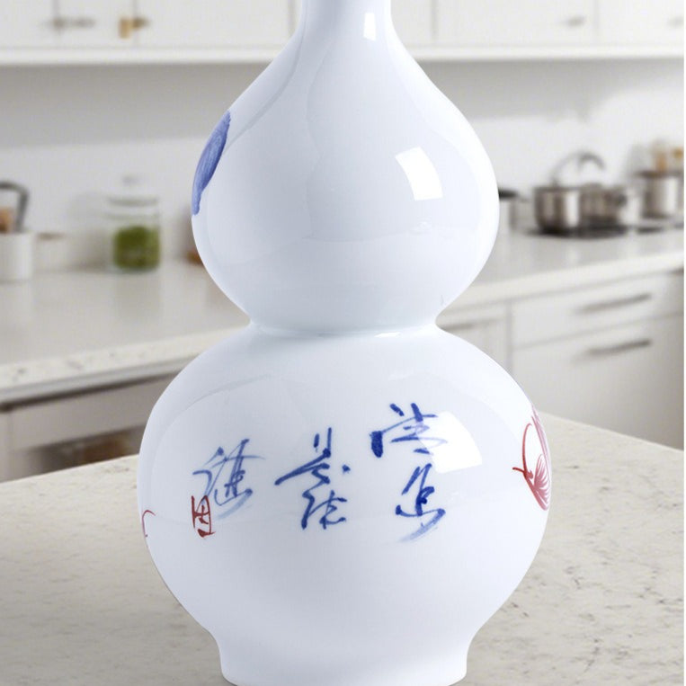 Jingdezhen ceramic hand-painted lotus gourd vase, home Chinese style living room flower arrangement ornaments, high-end flower vase