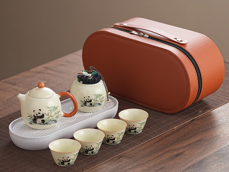 Ru Kiln [Panda Handle Pot (4 Cups + Jar + White Oval Plate)] Orange Oval Bag,Cute panda Huang Ru tea set, tea brewing, Kung Fu ceramic teapot, holiday gift, home, travel, outdoor set