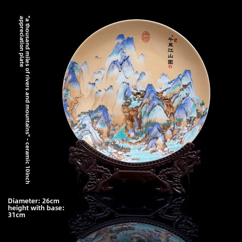 Jingdezhen ceramic live ceramic 10-inch appreciation plate "A Thousand Miles of Rivers and Mountains" porcelain plate new Chinese style plate ornaments