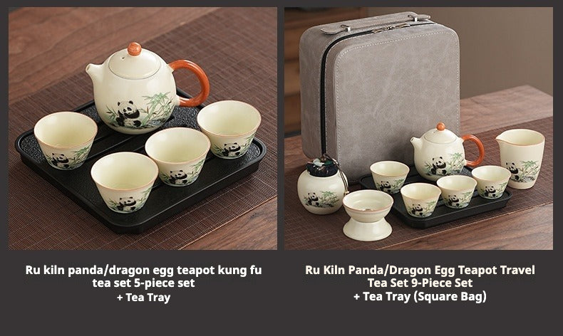 Ru Kiln [Panda Xishi Pot + 6 Cups + Tea Strainer Set + Serving Cup + Rectangular Travel Plate] Blue Leather Bag,Cute panda Huang Ru tea set, tea brewing, Kung Fu ceramic teapot, holiday gift, home, travel, outdoor set