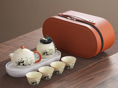 Ru Kiln [Panda Handle Pot (4 Cups + Jar + White Oval Plate)] Orange Oval Bag,Cute panda Huang Ru tea set, tea brewing, Kung Fu ceramic teapot, holiday gift, home, travel, outdoor set