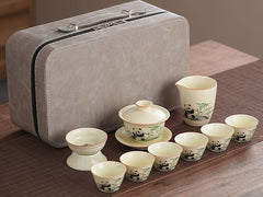Ru Kiln [Panda Xishi Pot + 6 Cups + Tea Strainer Set + Serving Cup] Gray Leather Bag,Cute panda Huang Ru tea set, tea brewing, Kung Fu ceramic teapot, holiday gift, home, travel, outdoor set