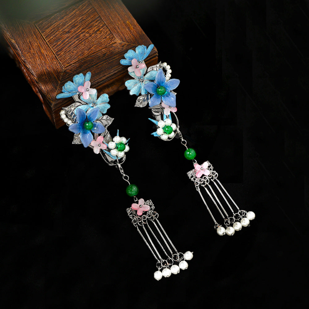 【Purely handmade】Chinese style design, Hanfu headdress, blue hairpin set, tassel ancient costume makeup