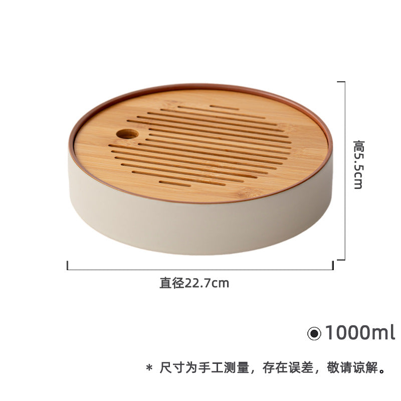 Ru kiln beige household ceramic tea tray, Kung Fu tea set, round bamboo tray, water storage dry tea tray