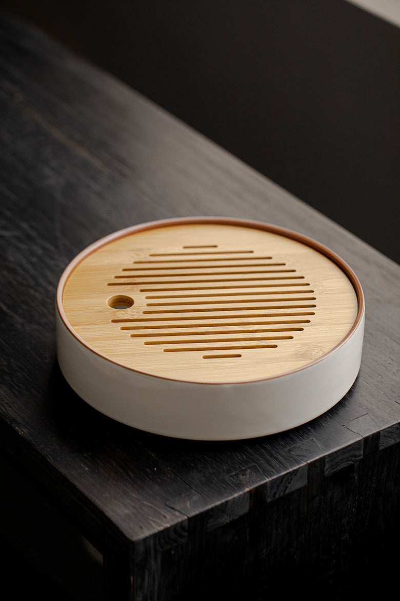 Ru kiln beige household ceramic tea tray, Kung Fu tea set, round bamboo tray, water storage dry tea tray