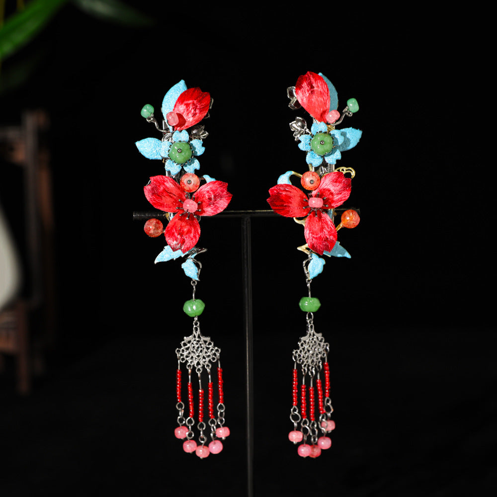 【Purely handmade】Chinese style design high-end red velvet flower hairpin set, tassel ancient costume makeup, Hanfu hair accessories