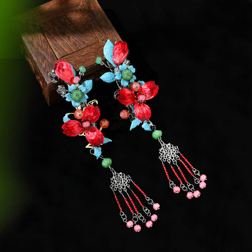 【Purely handmade】Chinese style design high-end red velvet flower hairpin set, tassel ancient costume makeup, Hanfu hair accessories