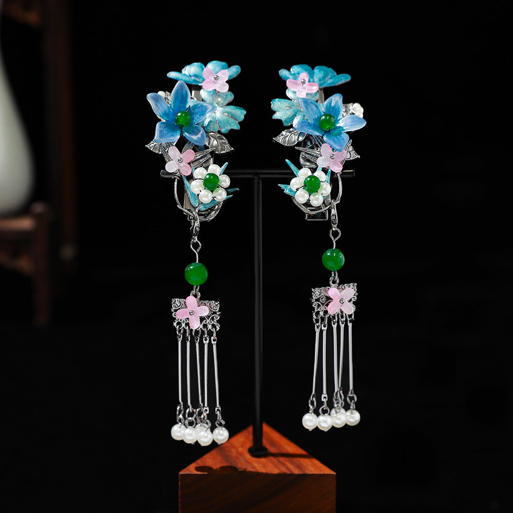 【Purely handmade】Chinese style design, Hanfu headdress, blue hairpin set, tassel ancient costume makeup