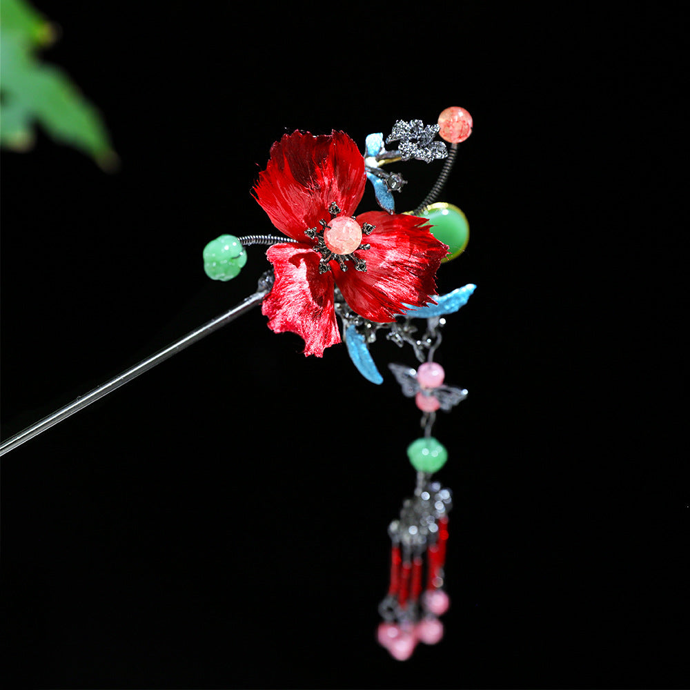 【Purely handmade】Chinese style design high-end red velvet flower hairpin set, tassel ancient costume makeup, Hanfu hair accessories