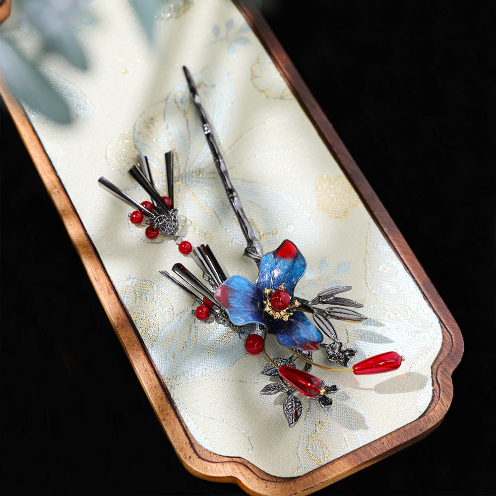 【Purely handmade】Chinese style design gradient blue high-end hairpin set, tassel ancient costume makeup, Hanfu hair accessories