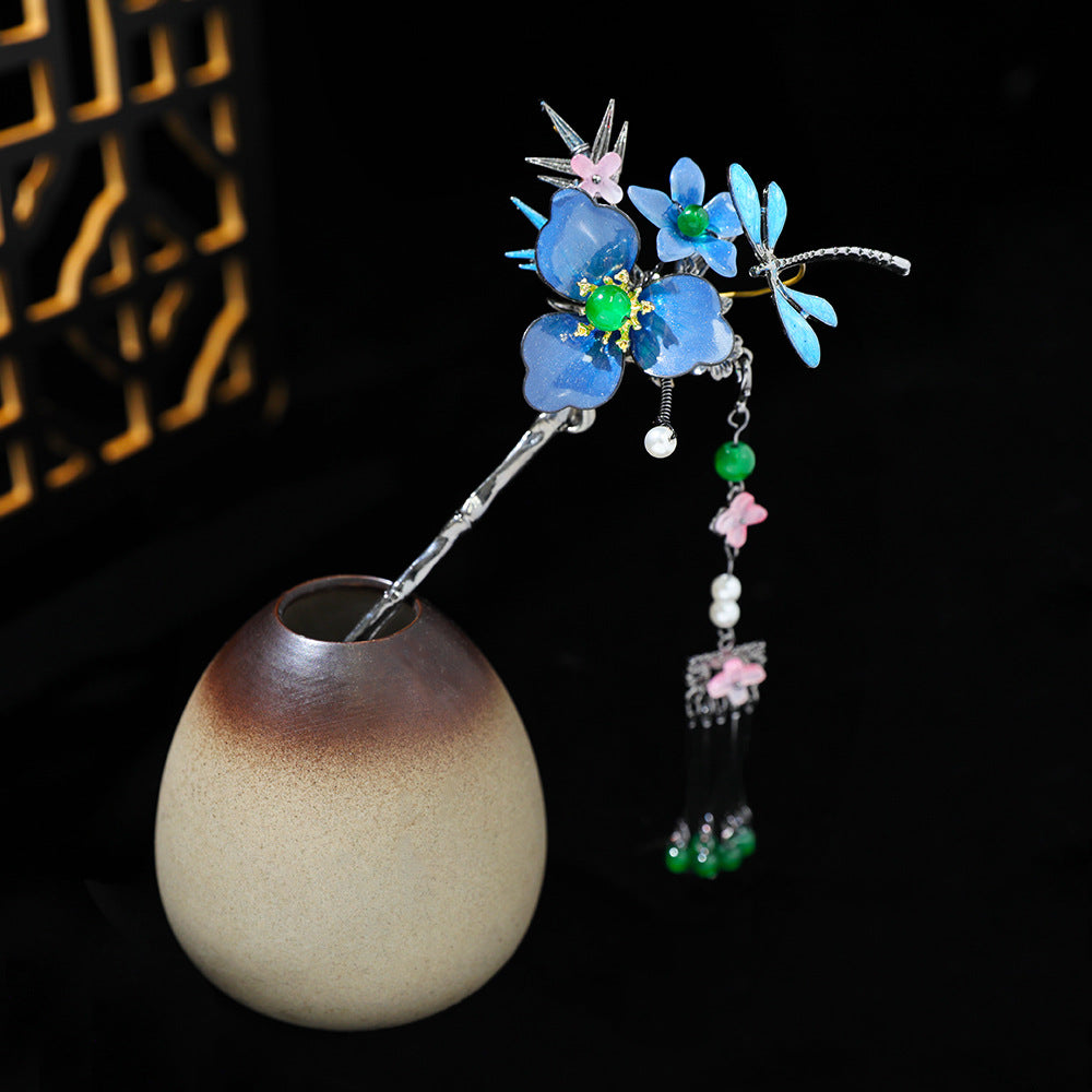 【Purely handmade】Chinese style design, Hanfu headdress, blue hairpin set, tassel ancient costume makeup