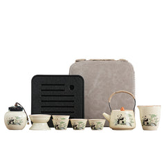 Ru Kiln [Panda Xishi Pot + 6 Cups + Tea Strainer Set + Serving Cup + Rectangular Travel Plate] Blue Leather Bag,Cute panda Huang Ru tea set, tea brewing, Kung Fu ceramic teapot, holiday gift, home, travel, outdoor set