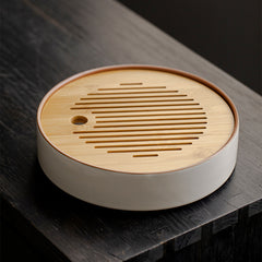 Ru kiln beige household ceramic tea tray, Kung Fu tea set, round bamboo tray, water storage dry tea tray