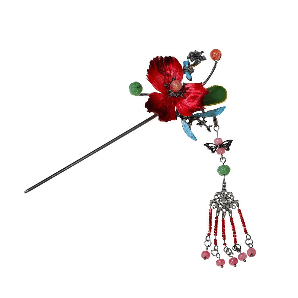 【Purely handmade】Chinese style design high-end red velvet flower hairpin set, tassel ancient costume makeup, Hanfu hair accessories