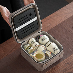 Ru Kiln [Panda Dragon Egg Pot + 6 Cups + Tea Strainer Set + Serving Cup + Rectangular Travel Plate] Gray Leather Bag，Cute panda Huang Ru tea set, tea brewing, Kung Fu ceramic teapot, holiday gift, home, travel, outdoor set