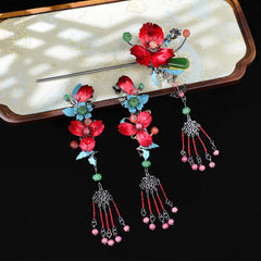 【Purely handmade】Chinese style design high-end red velvet flower hairpin set, tassel ancient costume makeup, Hanfu hair accessories