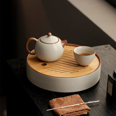 Ru kiln beige household ceramic tea tray, Kung Fu tea set, round bamboo tray, water storage dry tea tray