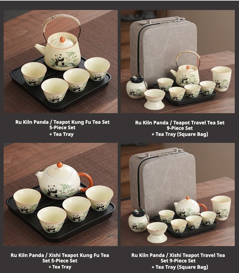 Ru Kiln [Panda Xishi Pot + 6 Cups + Tea Strainer Set + Serving Cup + Rectangular Travel Plate] Blue Leather Bag,Cute panda Huang Ru tea set, tea brewing, Kung Fu ceramic teapot, holiday gift, home, travel, outdoor set