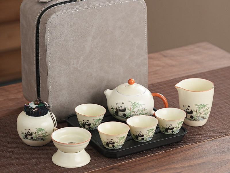 Cute panda Huang Ru tea set, tea brewing, Kung Fu ceramic teapot, holiday gift, home, travel, outdoor set