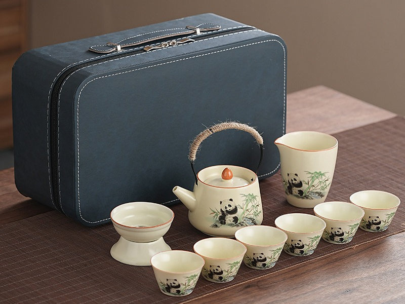 Ru Kiln [Panda Handle Pot + 6 Cups + Tea Strainer Set + Serving Cup] Blue Leather Bag,Cute panda Huang Ru tea set, tea brewing, Kung Fu ceramic teapot, holiday gift, home, travel, outdoor set