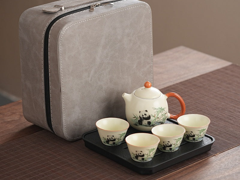 Panda Handle Pot + 4 Cups + Square Stone-Proofing Tray Square Gray BagCute panda Huang Ru tea set, tea brewing, Kung Fu ceramic teapot, holiday gift, home, travel, outdoor set