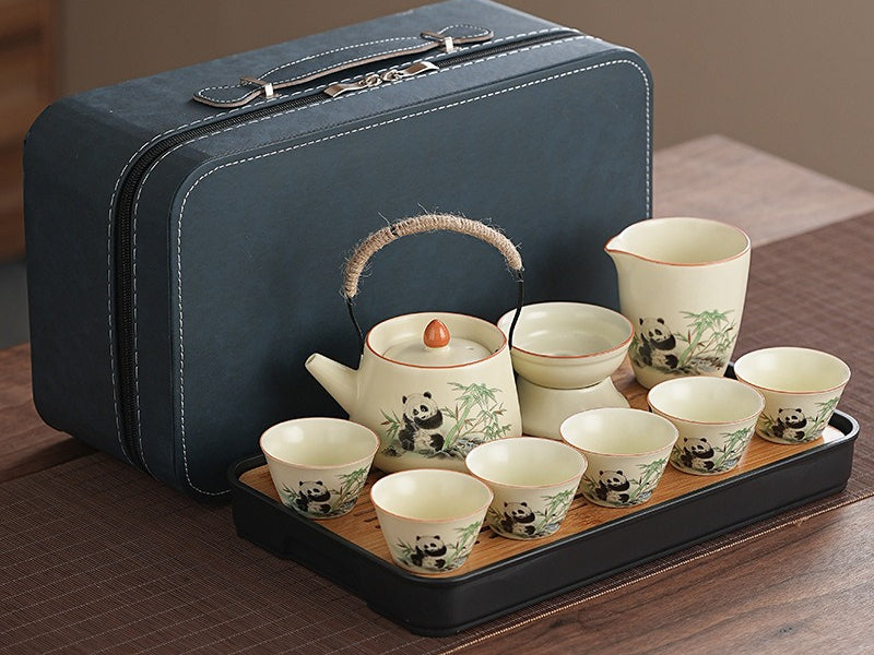 Ru Kiln [Panda Xishi Pot + 6 Cups + Tea Strainer Set + Serving Cup + Rectangular Travel Plate] Blue Leather Bag,Cute panda Huang Ru tea set, tea brewing, Kung Fu ceramic teapot, holiday gift, home, travel, outdoor set