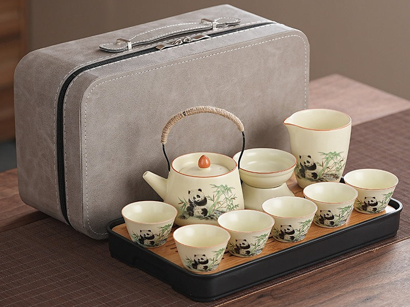 Ru Kiln [Panda Dragon Egg Pot + 6 Cups + Tea Strainer Set + Serving Cup + Rectangular Travel Plate] Gray Leather Bag，Cute panda Huang Ru tea set, tea brewing, Kung Fu ceramic teapot, holiday gift, home, travel, outdoor set