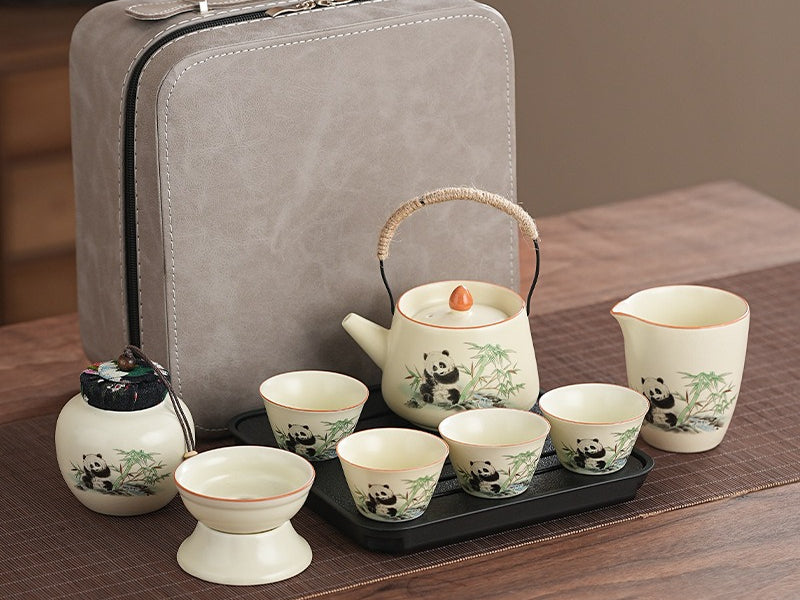 Ru Kiln [Panda Handle Pot + 4 Cups + Tea Strainer Set + Serving Cup + Jar (8-Piece Set + Square Stone-Proofing Plate)] Square Gray Bag,Cute panda Huang Ru tea set, tea brewing, Kung Fu ceramic teapot, holiday gift, home, travel, outdoor set