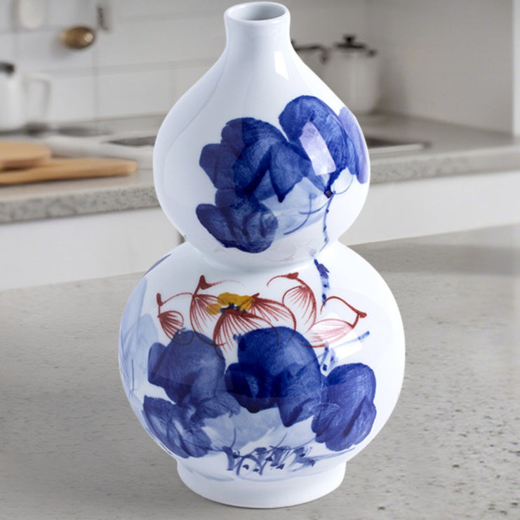 Jingdezhen ceramic hand-painted lotus gourd vase, home Chinese style living room flower arrangement ornaments, high-end flower vase