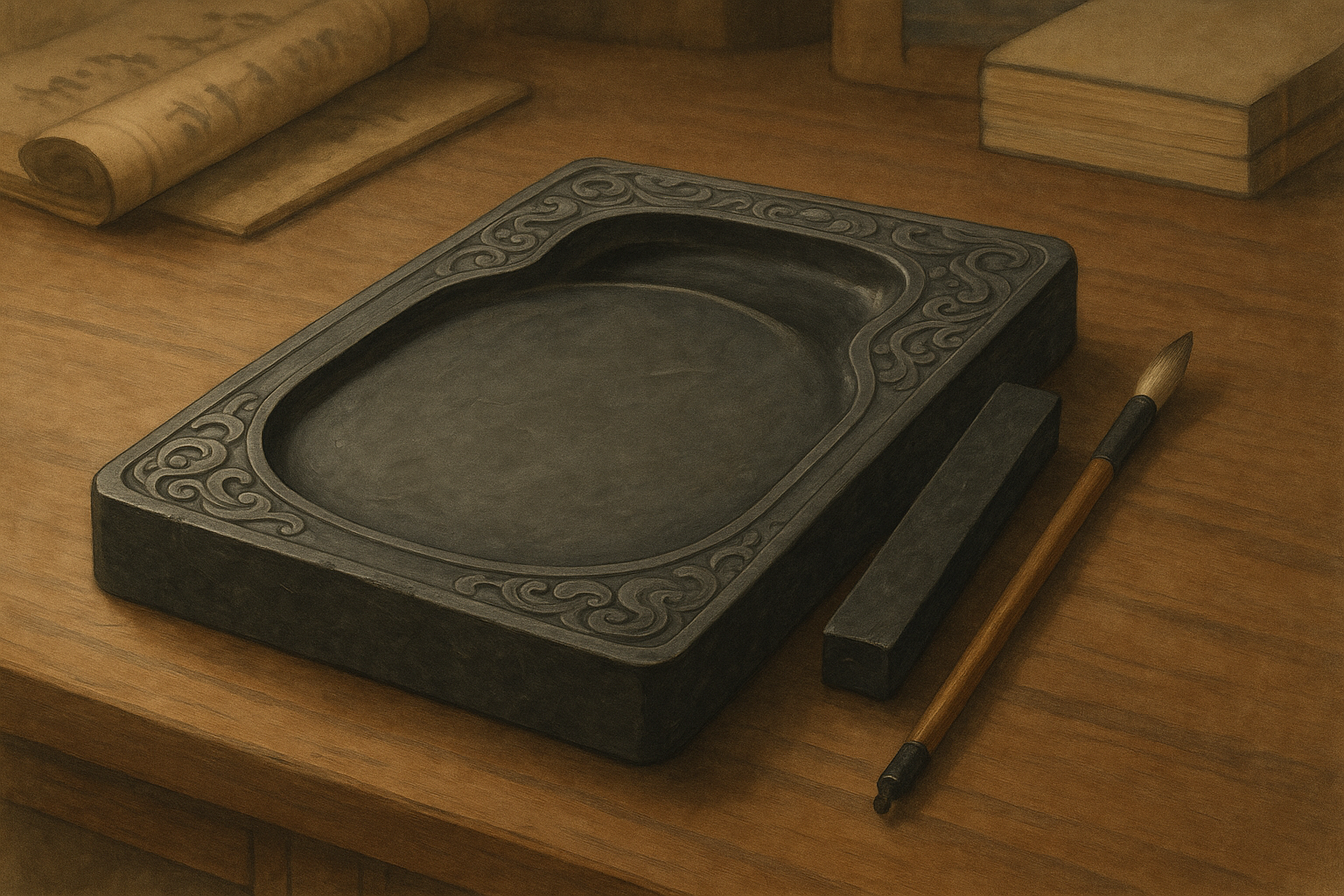  The inkstone is the soul of the scholar’s desk, used for grinding ink sticks with water. Crafted from stone, ceramic, or clay, each inkstone is both a functional tool and a work of art.