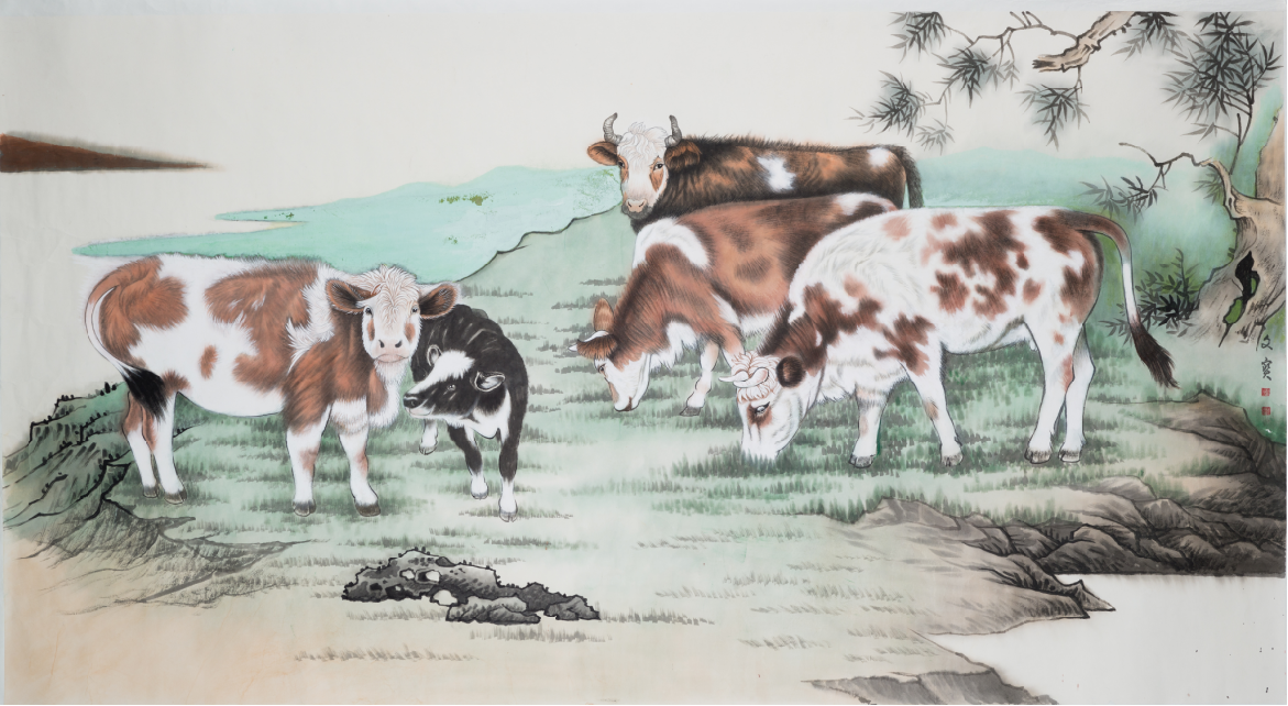 Chinese painting- "Five Bulls"